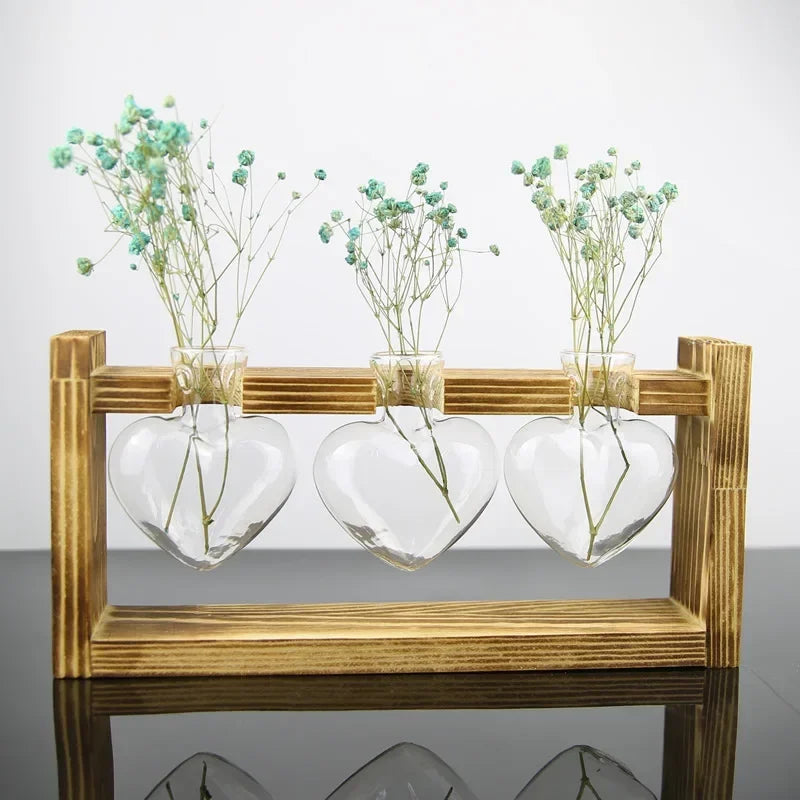 Vintage Heart-Shaped Wooden Frame Glass Vase - Vase