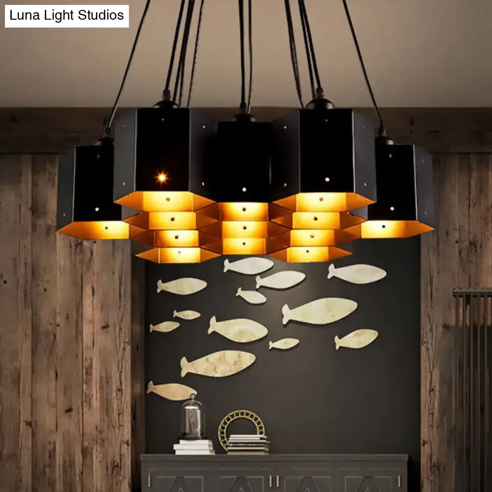 Vintage Hexagonal Chandelier with Black Honeycomb Design - 7/10/11 Down Lights for Restaurants