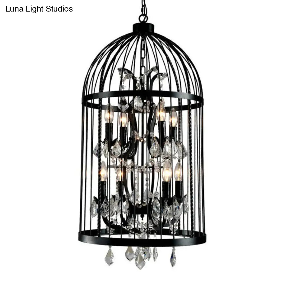Vintage Industrial Black Metal Pendant Light with Crystal Deco - Multi Light Birdcage Hanging Design