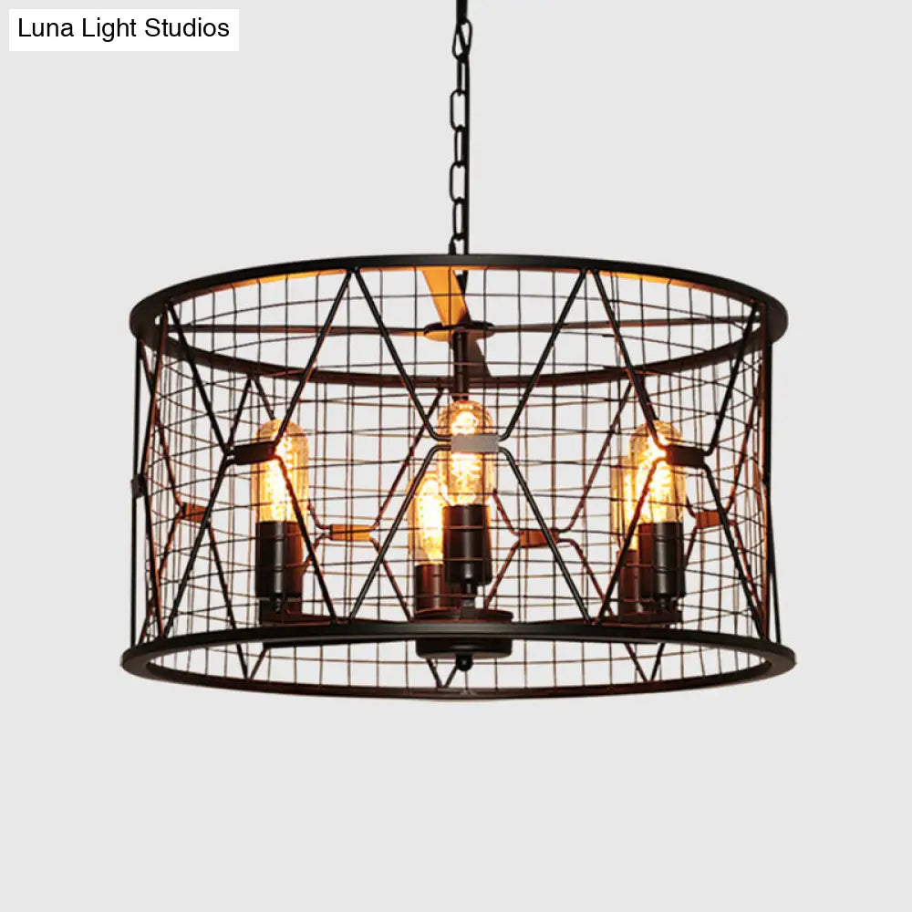 Vintage Industrial Metal 6-Light Pendant Chandelier with Trellis Drum Design