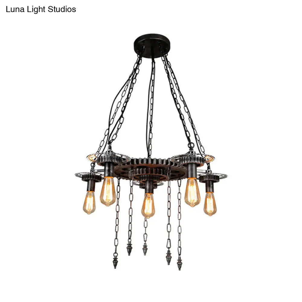 Vintage Industrial Metal Ceiling Lamp with 6 Aged Silver Gear Design Heads