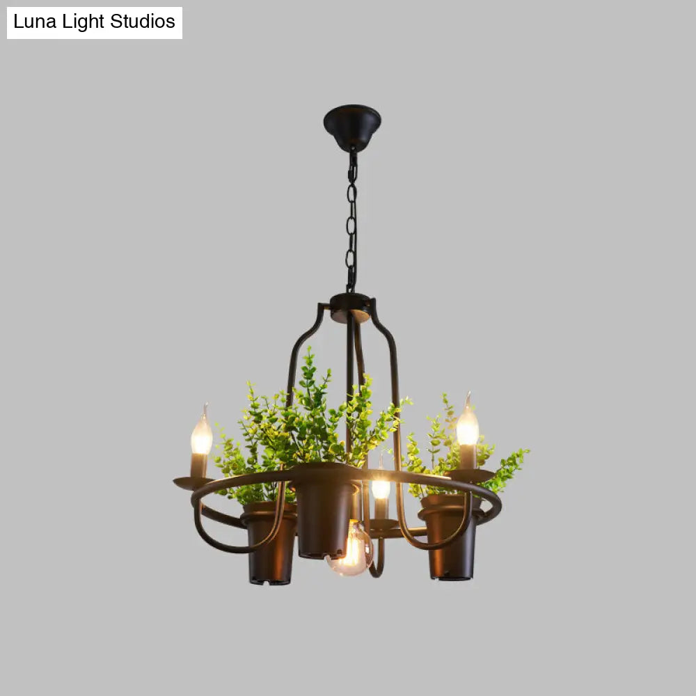 Vintage Iron 7-Light Candelabra Chandelier Pendant with Faux Potted Plant for Restaurants
