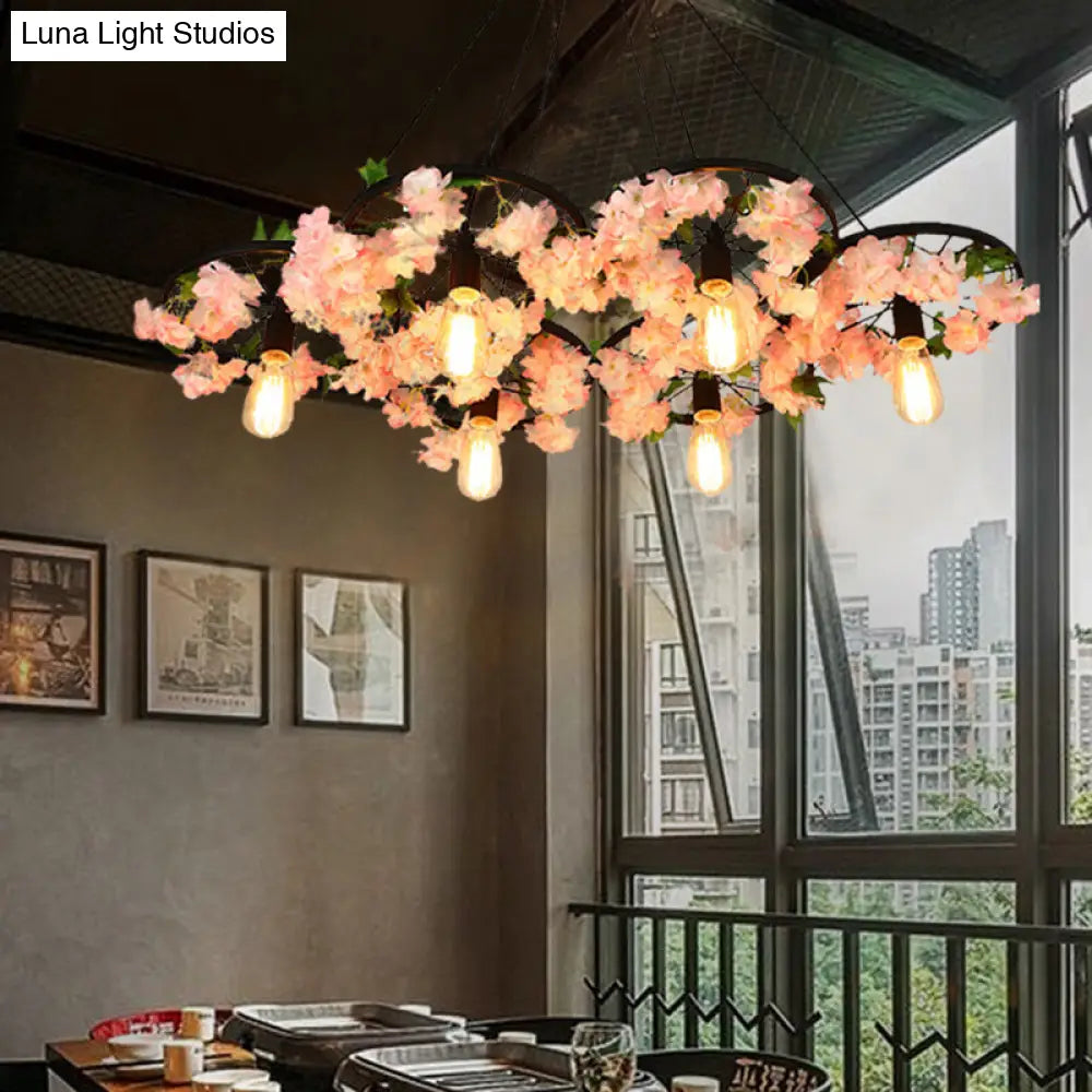 Vintage Iron Chandelier with Flower Detail - 3/6 Head Pendant Light in Black