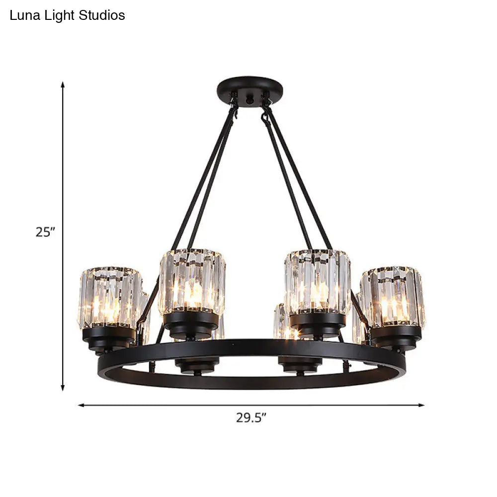 Lámpara de araña vintage con forma de rueda de carro de hierro - Negra, colgante de 8 cabezas con pantalla cilíndrica de cristal - Para salón