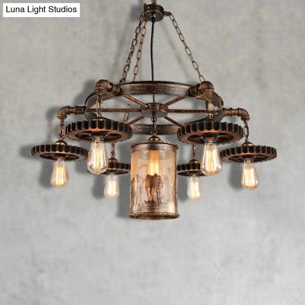 Vintage Metal Cylinder Chandelier: 5/7 Light Dining Room Pendant in Bronze with Gear