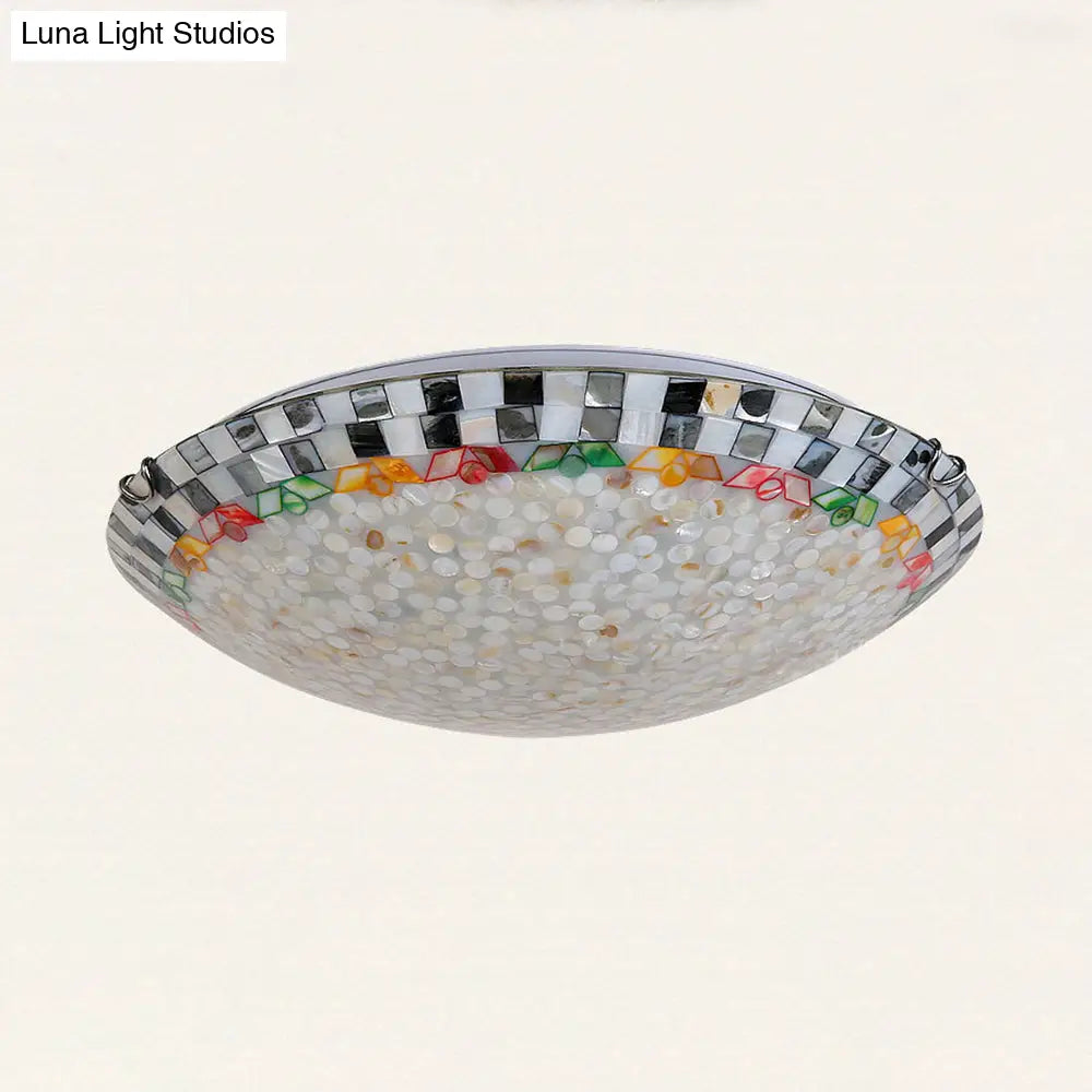 Vintage Mosaic Glass Bowl Ceiling Light Fixture - Beige/Blue 1 Bulb - Flush Mount for Dining Room (12"/16"/19.5")