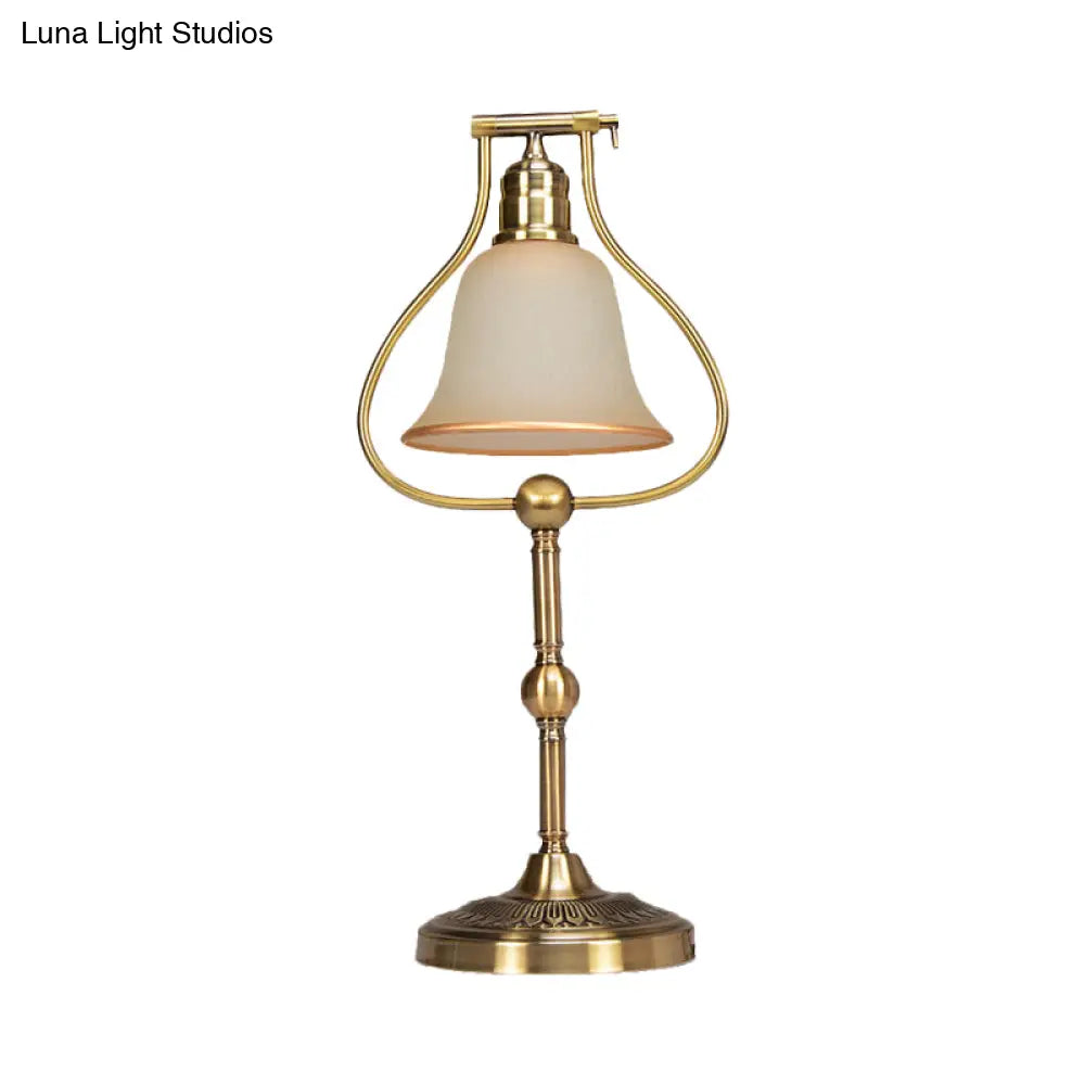 Vintage Opal Glass Table Lamp with Brass Jar Frame and Bell Shade