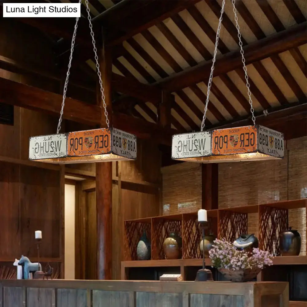 Vintage orange and white license plate rectangle island ceiling light with metal chain suspension for dining room