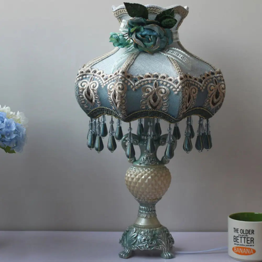 Vintage Peacock Blue Vase Night Light with Fabric Shade - Resin Nightstand Lighting (1 Bulb)