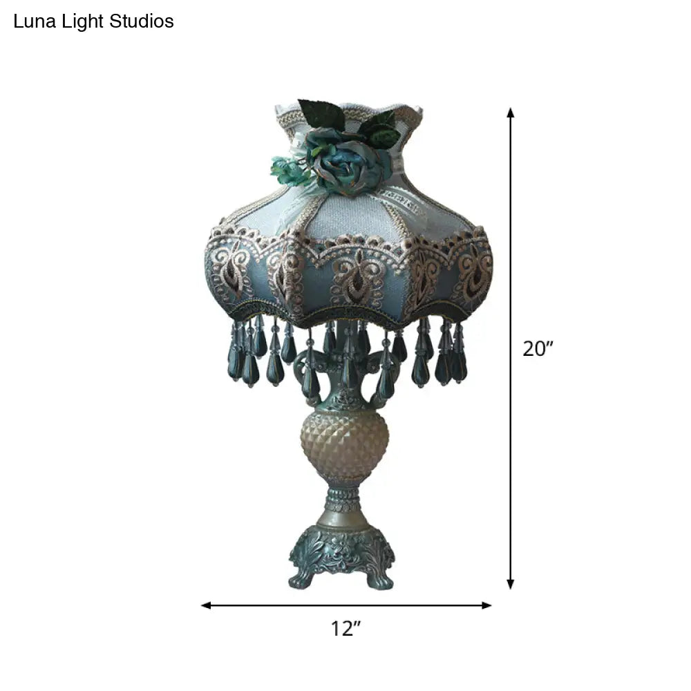 Vintage Peacock Blue Vase Night Light with Fabric Shade - Resin Nightstand Lighting (1 Bulb)