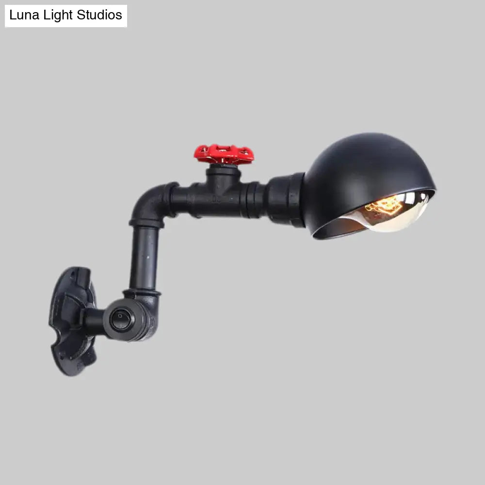 Vintage Pipe Wall Light with Dome Shade and Valve Wheel - Metallic Black Sconce Fixture