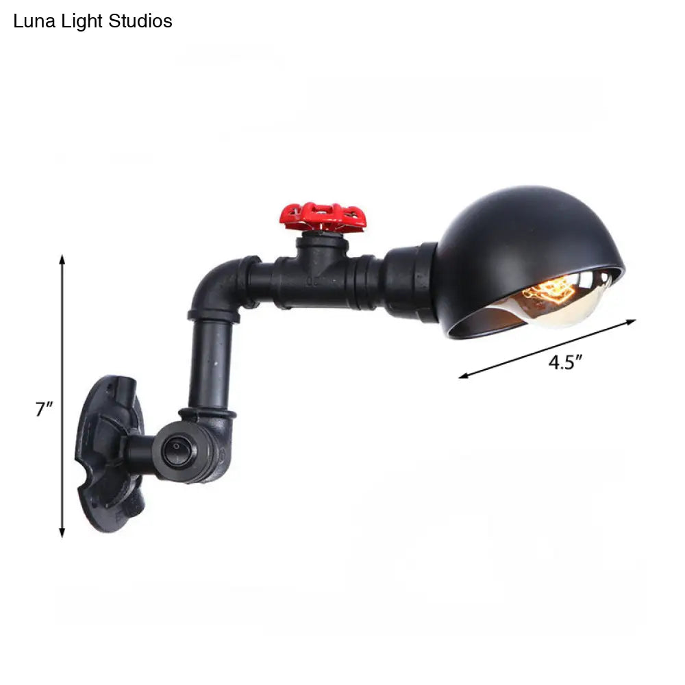 Vintage Pipe Wall Light with Dome Shade and Valve Wheel - Metallic Black Sconce Fixture
