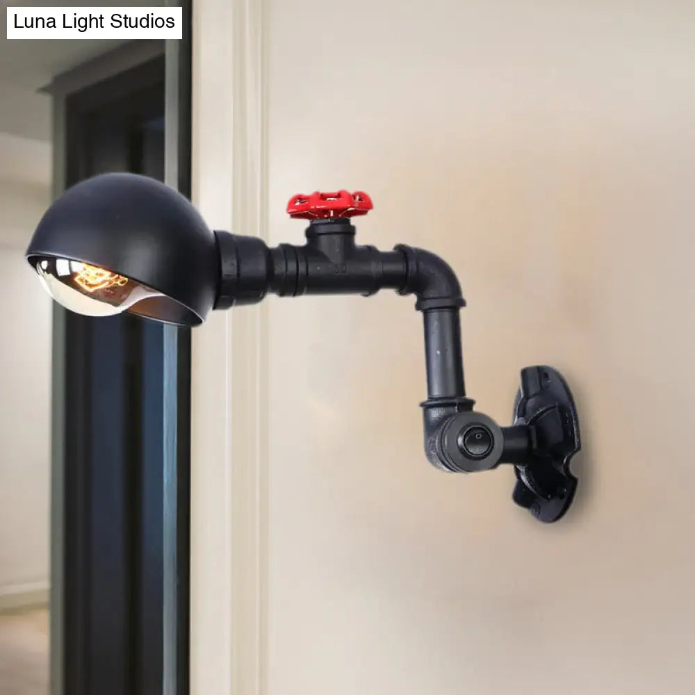 Vintage Pipe Wall Light with Dome Shade and Valve Wheel - Metallic Black Sconce Fixture