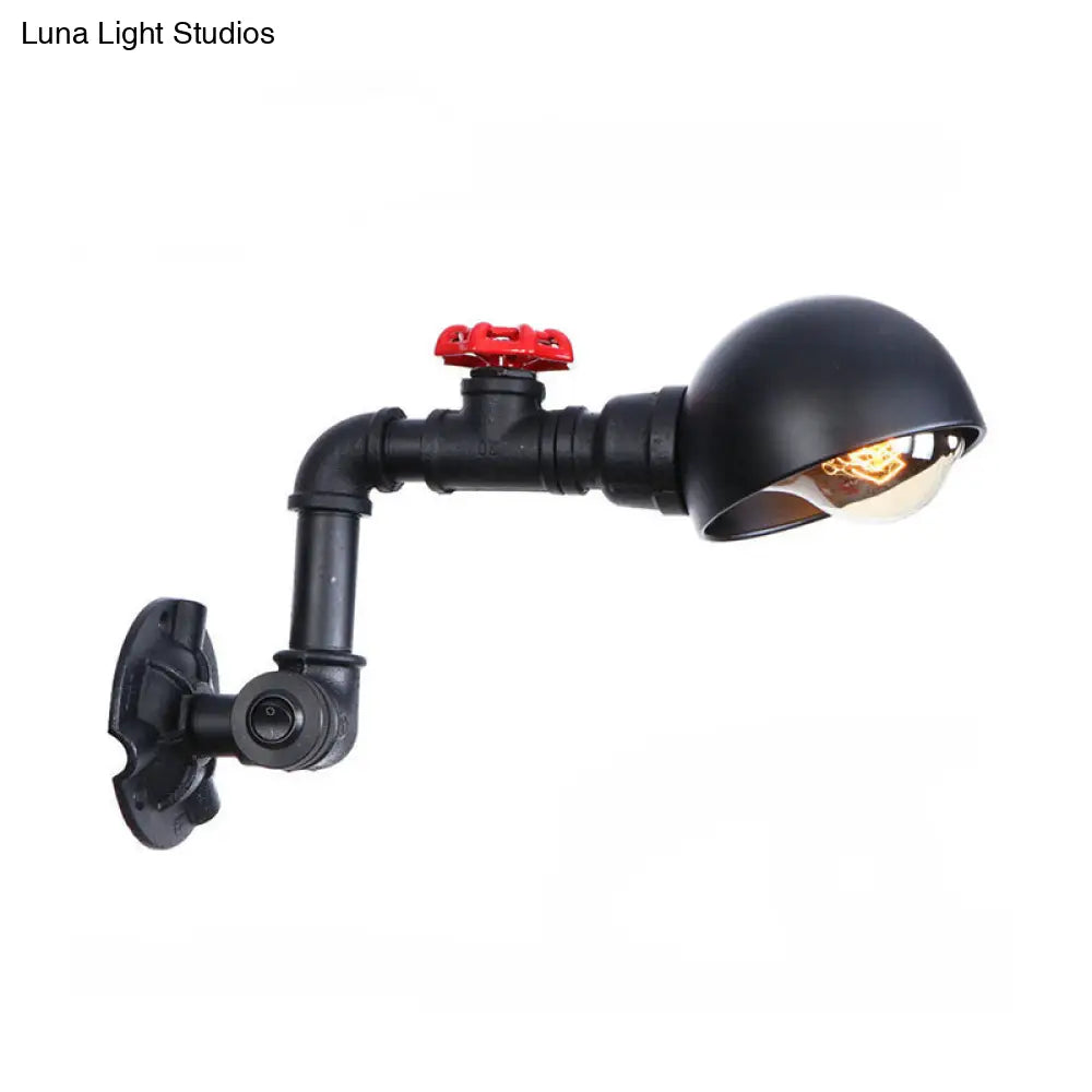 Vintage Pipe Wall Light with Dome Shade and Valve Wheel - Metallic Black Sconce Fixture