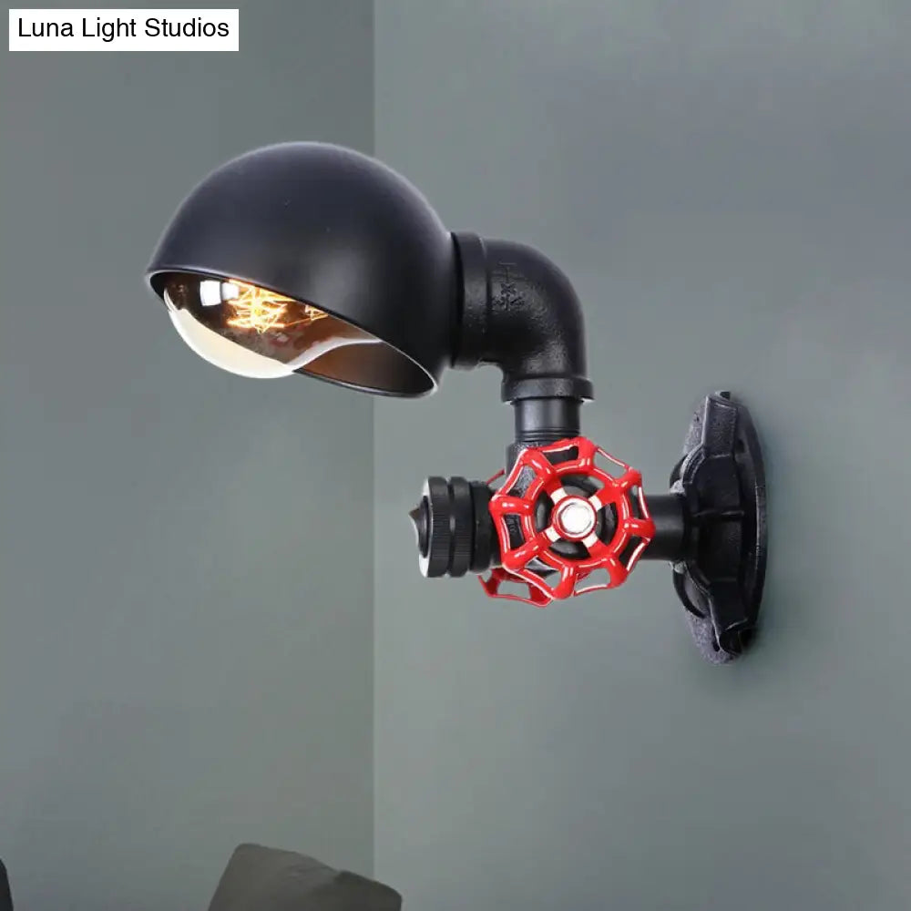 Vintage Pipe Wall Light with Dome Shade and Valve Wheel - Metallic Black Sconce Fixture