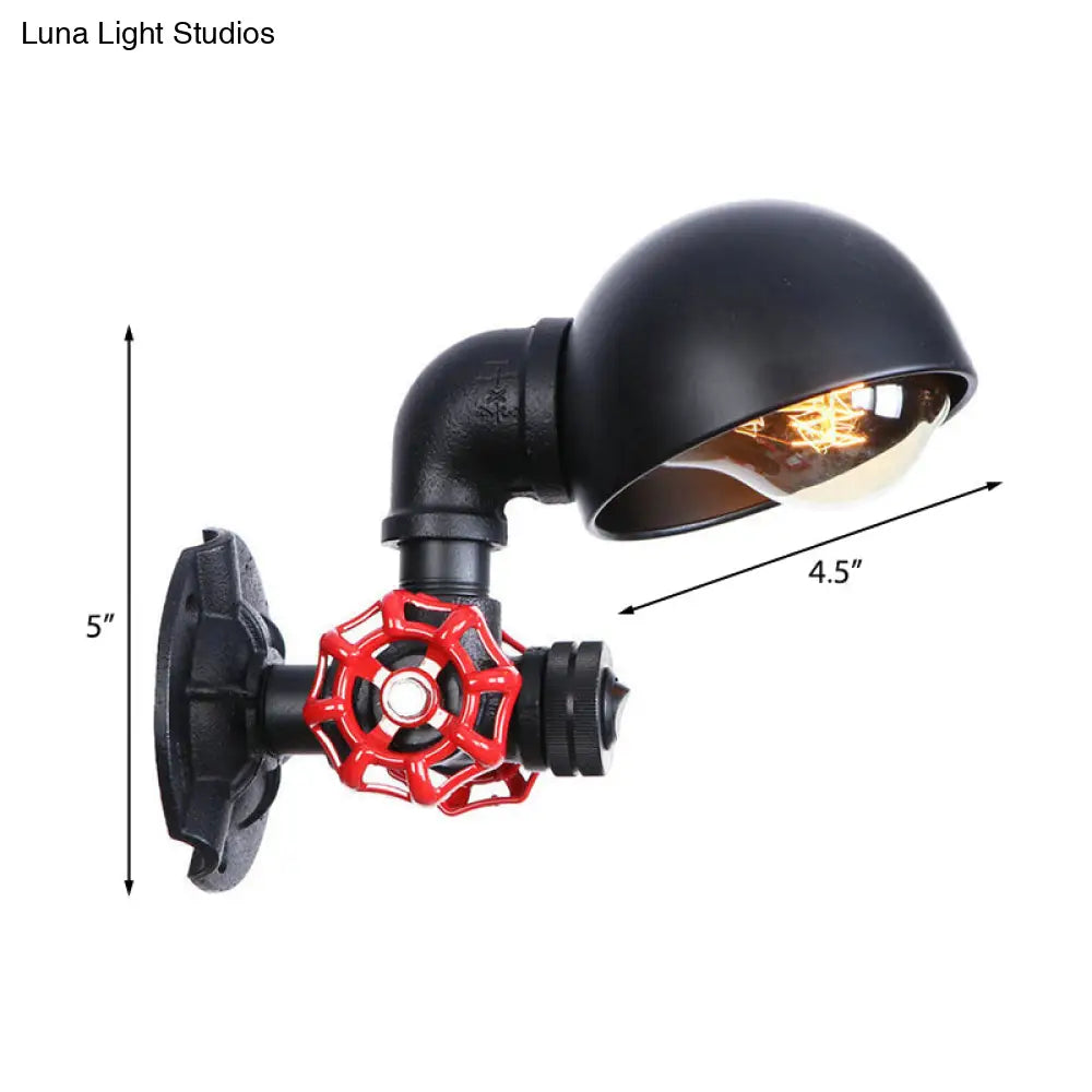 Vintage Pipe Wall Light with Dome Shade and Valve Wheel - Metallic Black Sconce Fixture