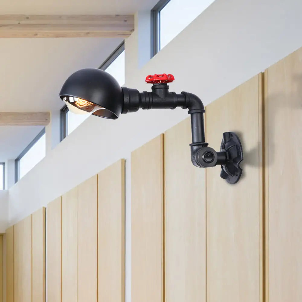 Vintage Pipe Wall Light with Dome Shade and Valve Wheel - Metallic Black Sconce Fixture