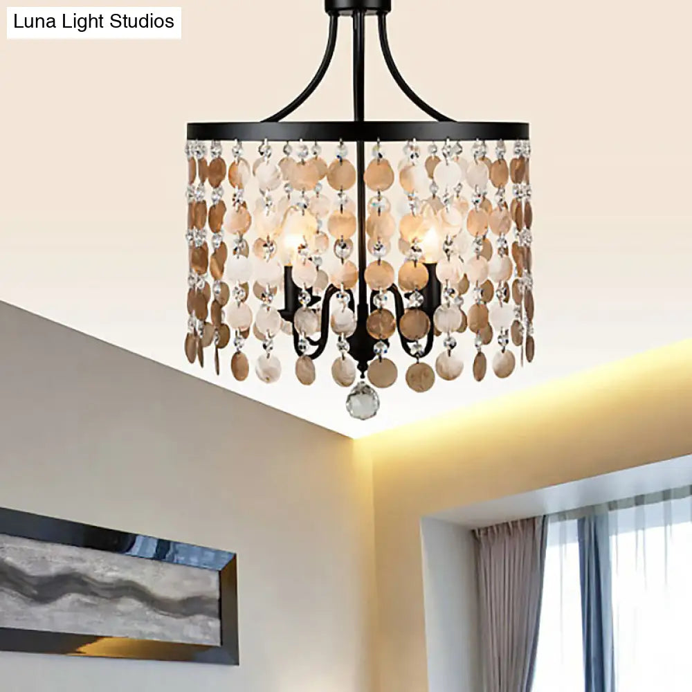 Lámpara de araña redonda vintage de metal y concha | Suspensión de 4 luces | Negra para dormitorio