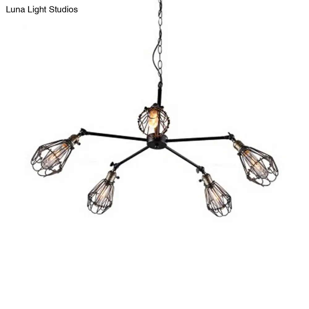 Vintage Style 5-Light Black Chandelier Pendant Light - Mini Cage Hanging Ceiling Fixture for Dining Room