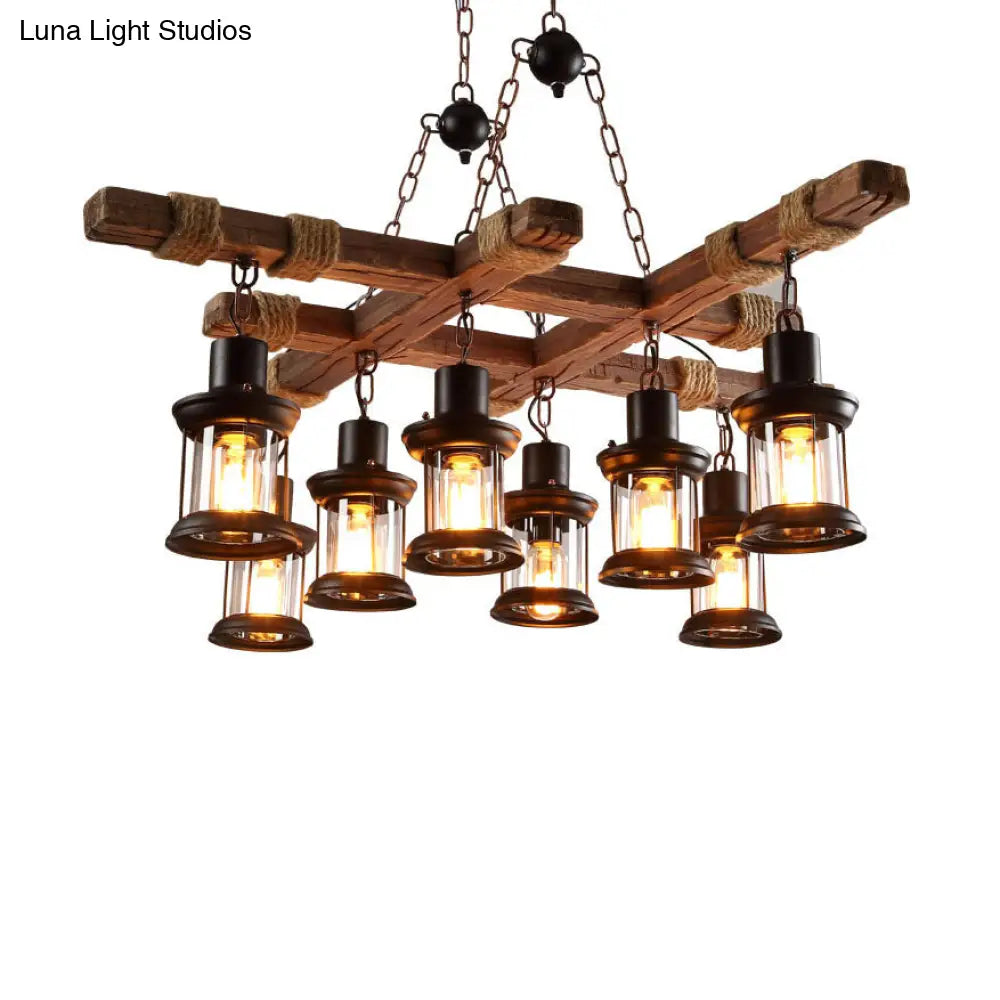 Vintage Style Black Lantern Chandelier with Clear Glass and Wood Frame - Ideal for Coffee Shops