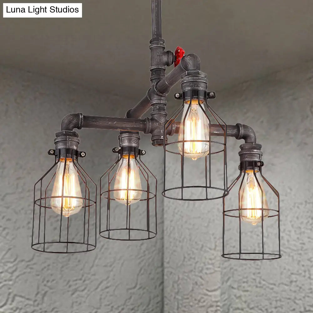 Vintage-Style Caged Chandelier with Water Pipe Design - 4-Light Wrought Iron Ceiling Pendant in Rustic Finish