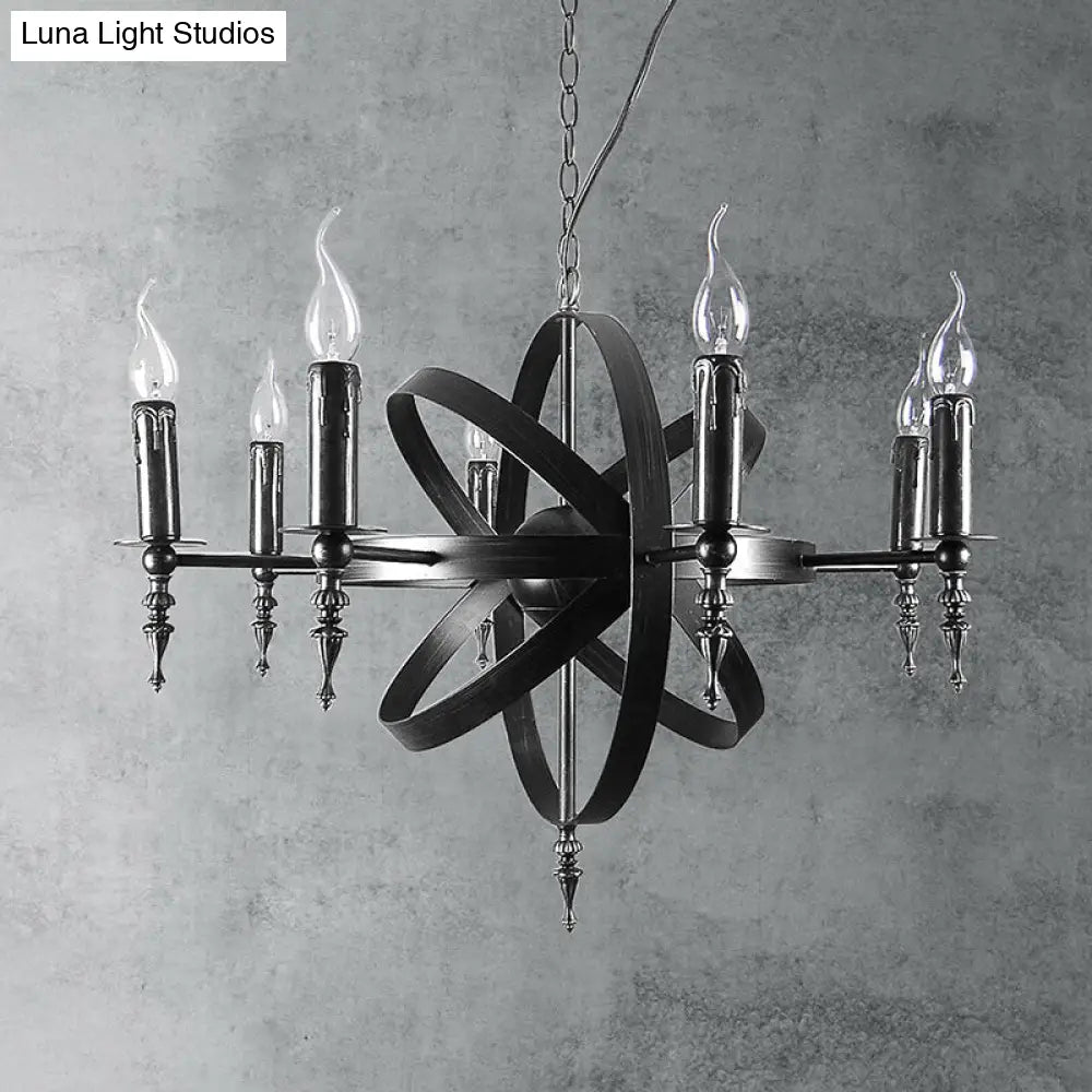 Vintage Style Metal Pendant Light with Candle Design - Orbit Cage Indoor Chandelier (6/8 Lights) in Black/Rust