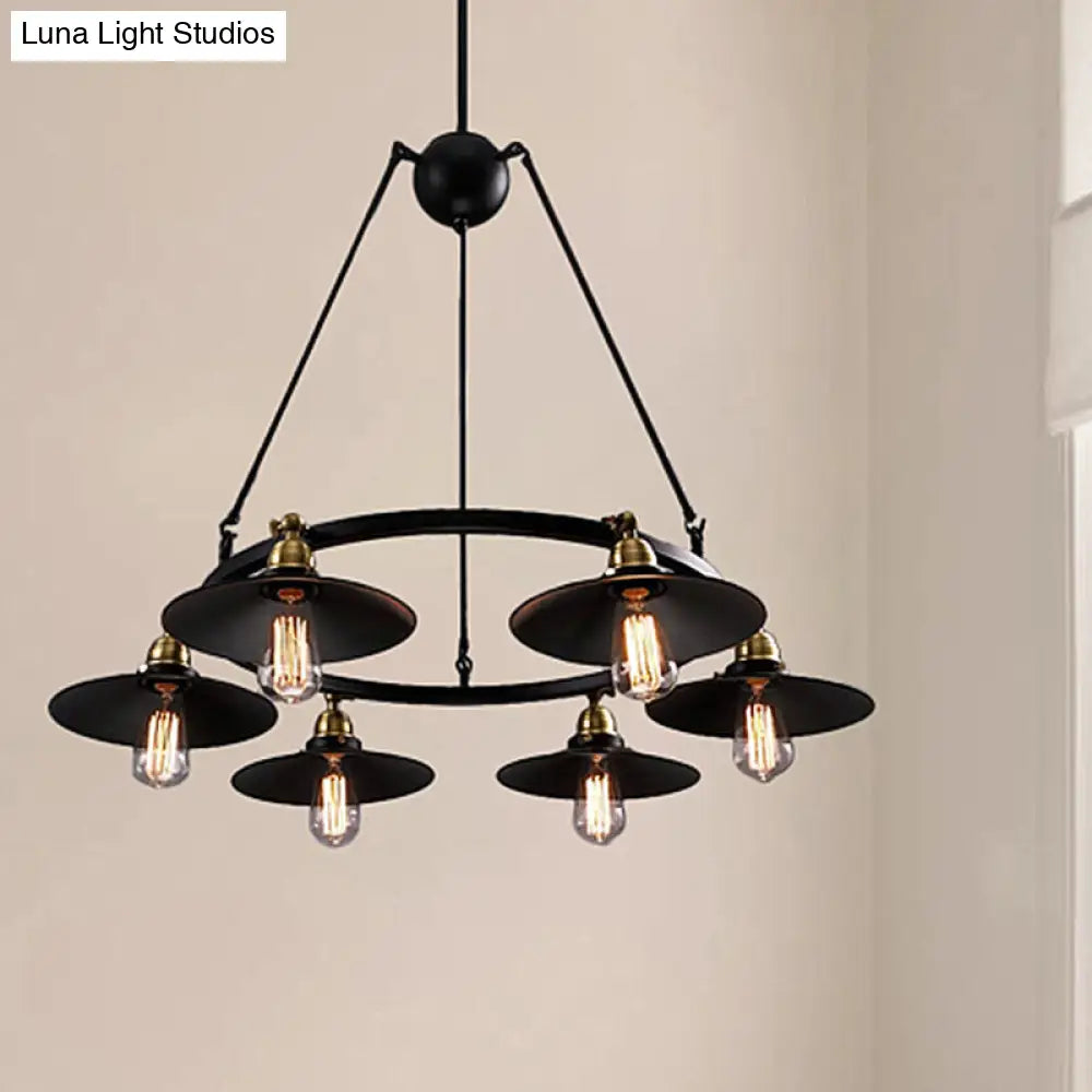 Vintage Style Metal Ring Chandelier with Flared Shade - 3/6 Lights - Dining Table Pendant Lighting in Black