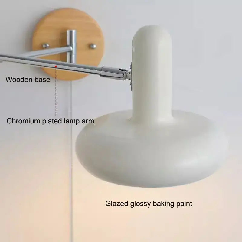 Vintage white ceramic and wood rocker arm wall lamp with white glazed glossy baking paint shade by decorbites cream wind