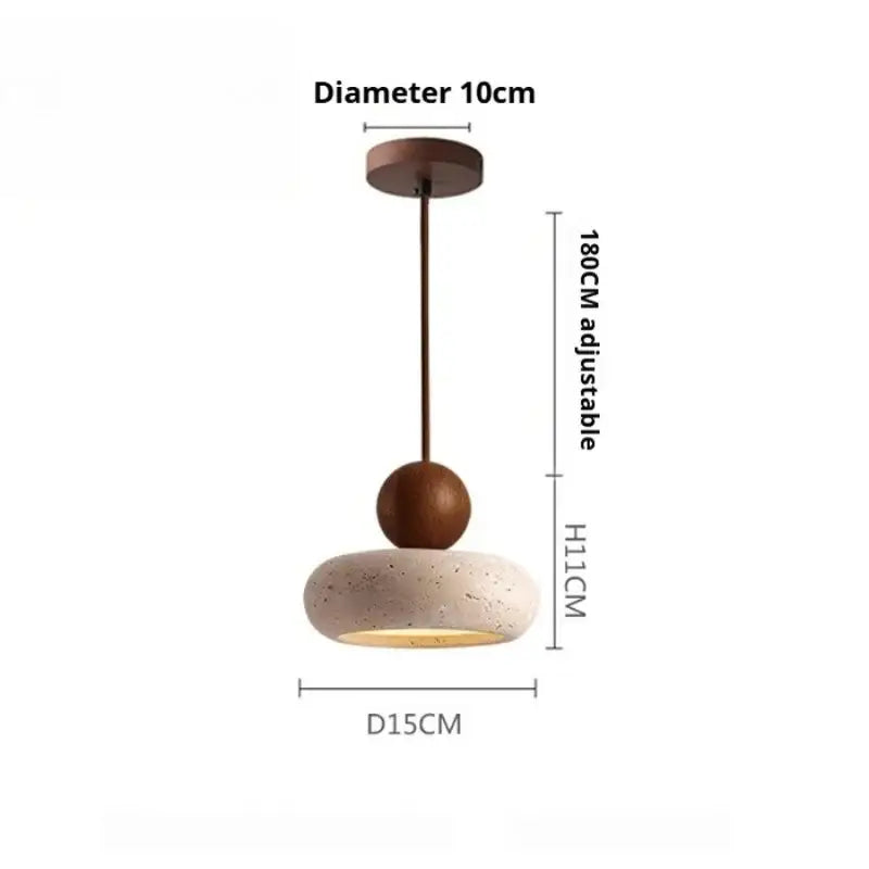Wabi-sabi pendant light with matte brown wooden sphere and beige travertine stone disc 15cm x 11cm for dining room