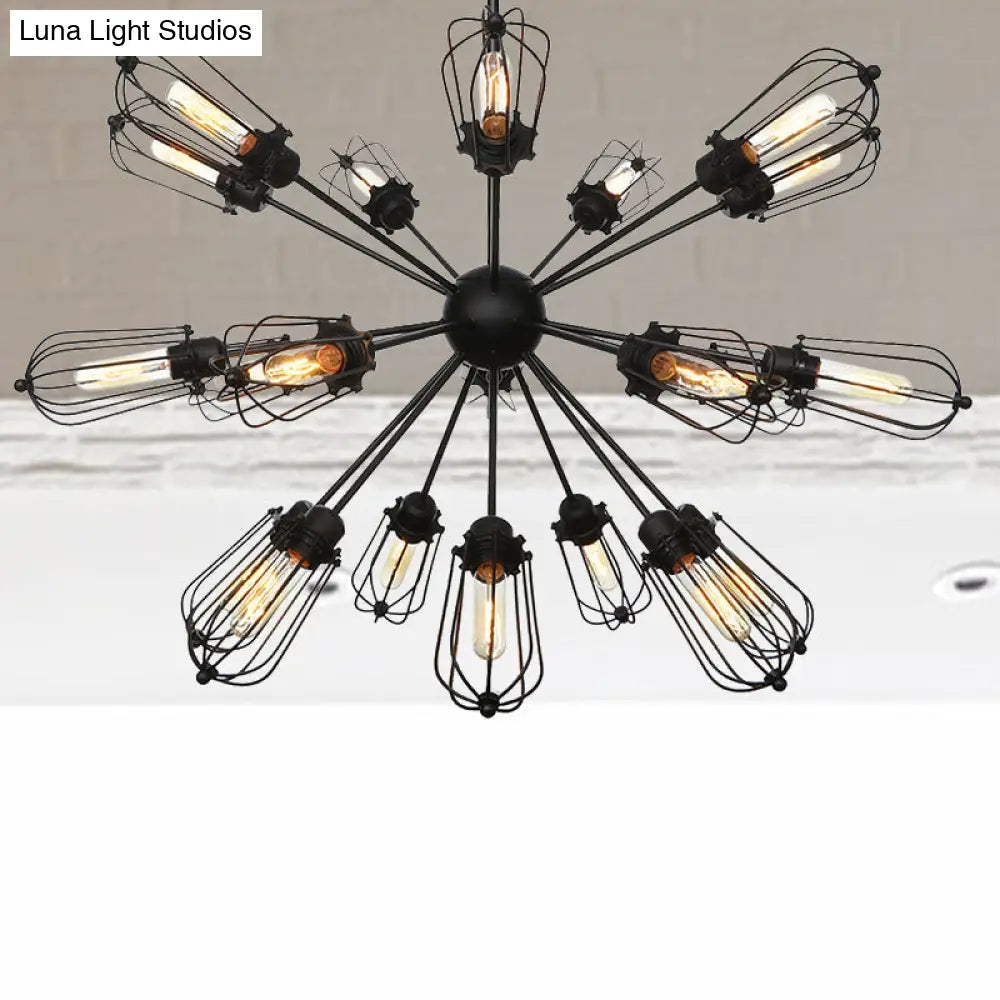 Warehouse Style Metal Bulb Cage Chandelier - Black Hanging Lamp with 9/12/15 Heads for Living Room Lighting