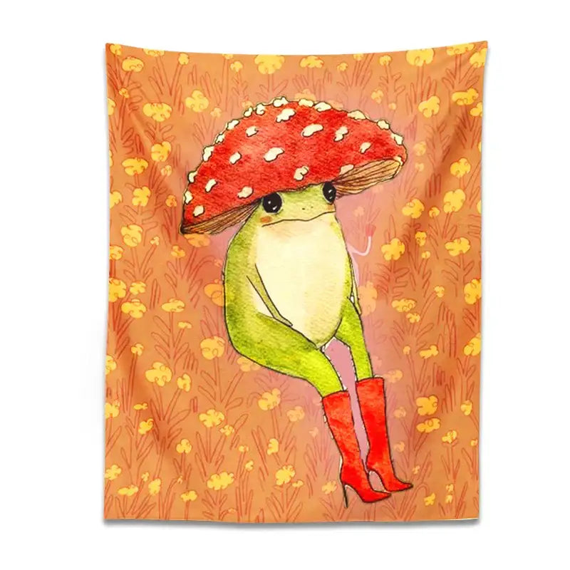 Whimsical orange cute frog cartoon tapestry featuring a green frog in red boots holding a red mushroom for bedroom decorbites decor