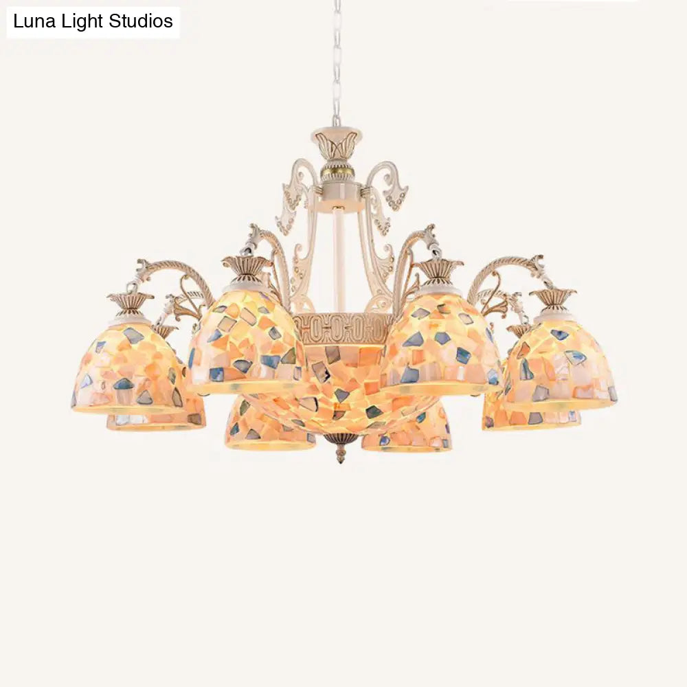 White and Gold Stained Glass Tiffany Pendant Chandelier - Dome Design with 3/5/9 Lights - Ceiling Lighting