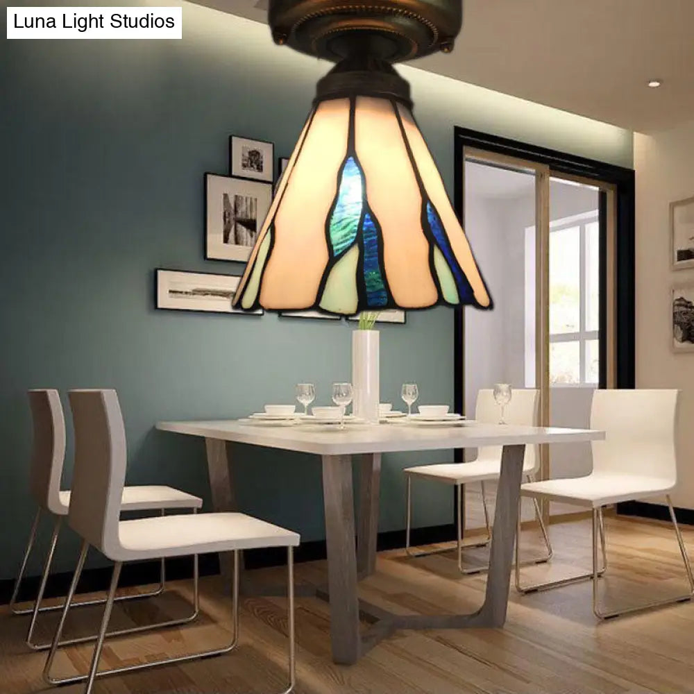 DecorBites™ DecorBites™ White/Beige/Blue-White Stained Glass Conical Flush Light - Tiffany 1-Light Ceiling Fixture for Bedroom Lighting