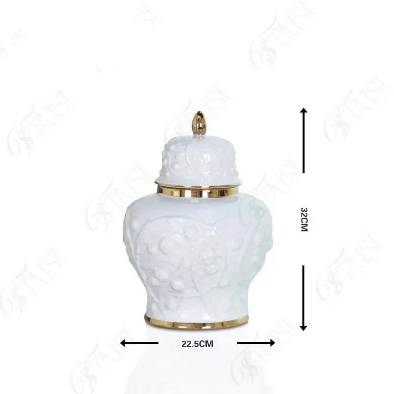 White embossed flower ceramic ginger jar with gold-trimmed lid and base for living room storage vase