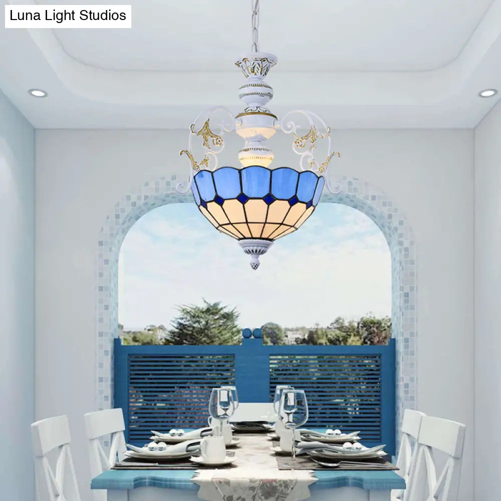 White Finish Tiffany Style Pendant Lamp with Stained Glass, Diamond & Blue/Red Square Accents - 2 Bulb Suspension Light