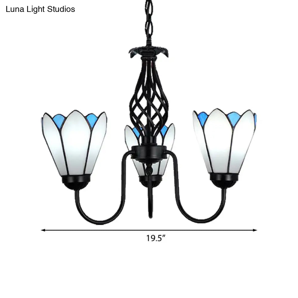 White Glass Floral Chandelier with Curved Arm - 3-Light Hanging Ceiling Fixture for Traditional Bedroom