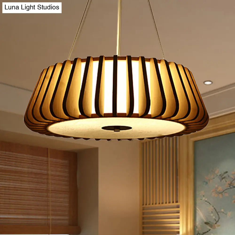Wide Tapered Suspension Lighting - Traditional Wood 1-Bulb Nickel Hanging Ceiling Light - 19.5"/23.5