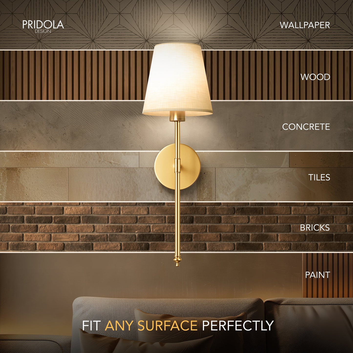 Illuminated gold wall sconce.