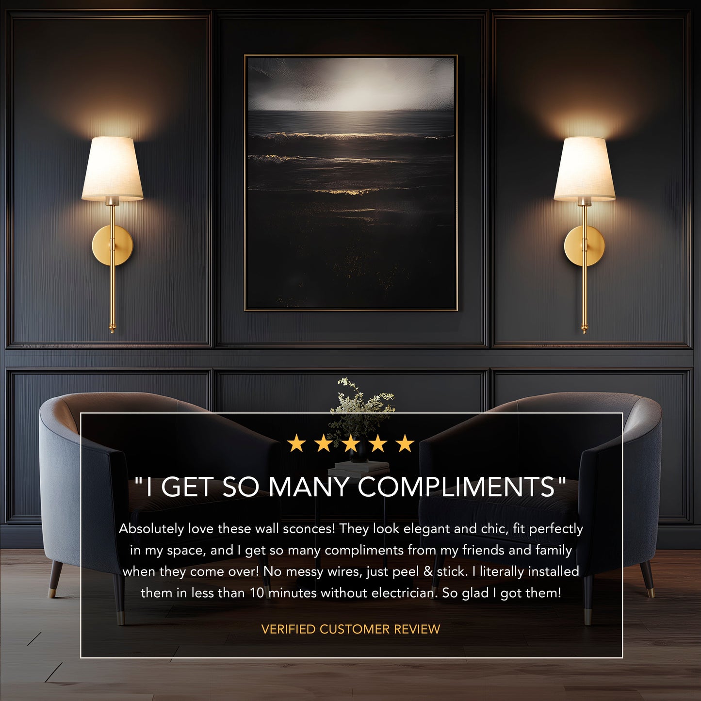 Wall sconces with a customer review.