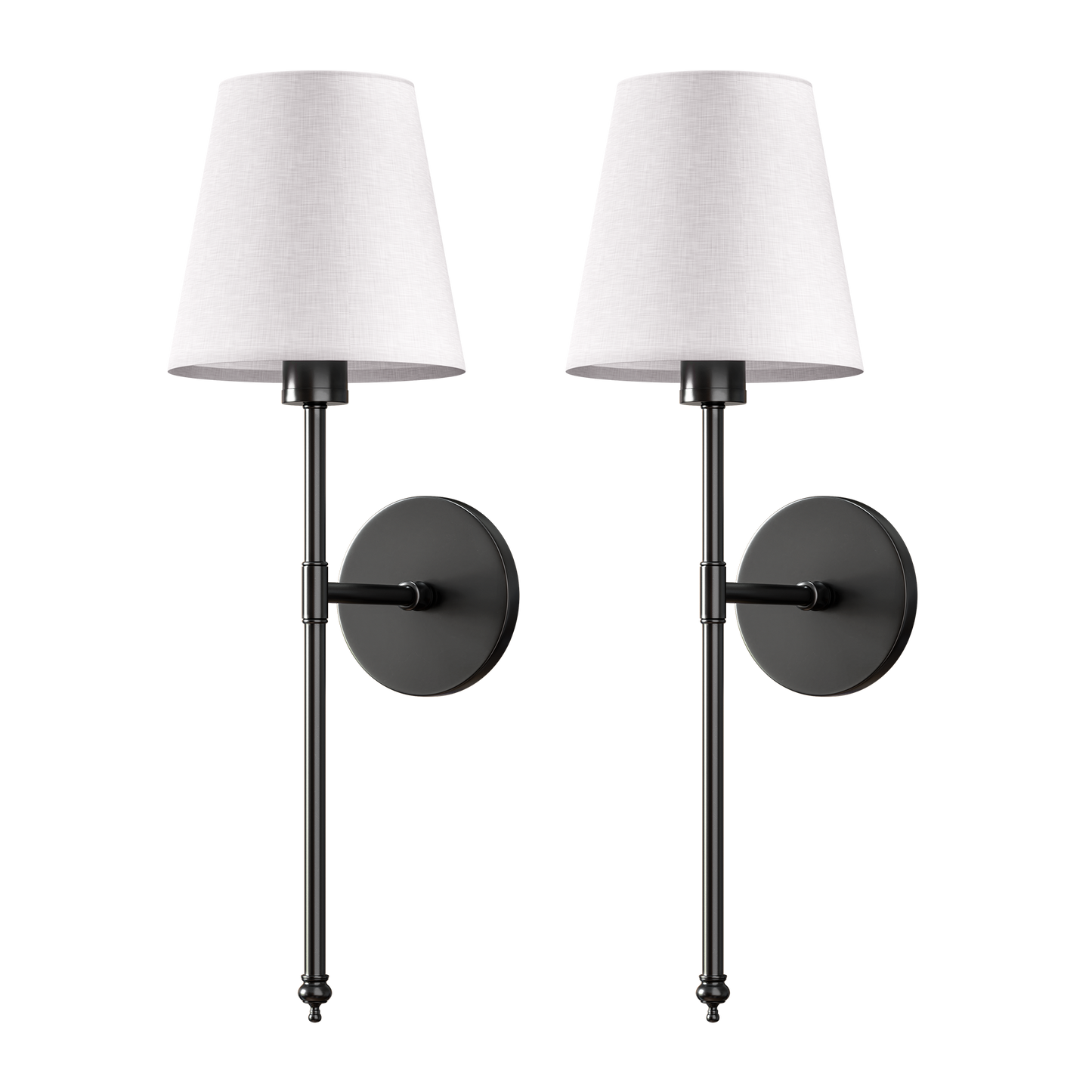 Two wall sconces with white shades.
