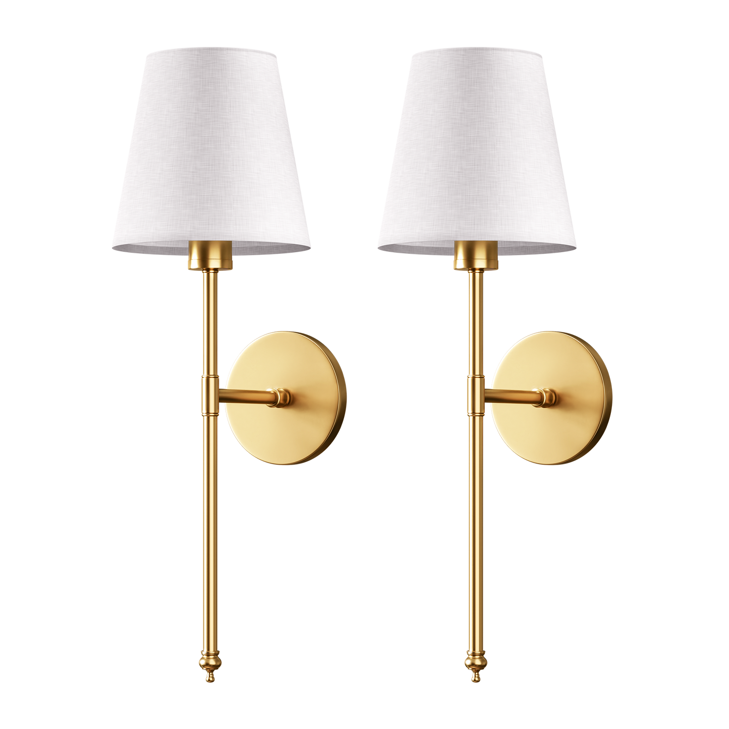 Two brass wall sconces with white shades.