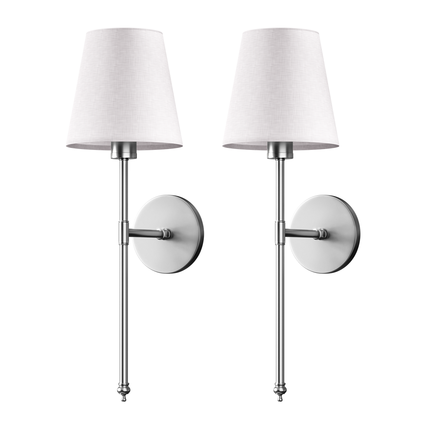Two silver sconces with white shades.