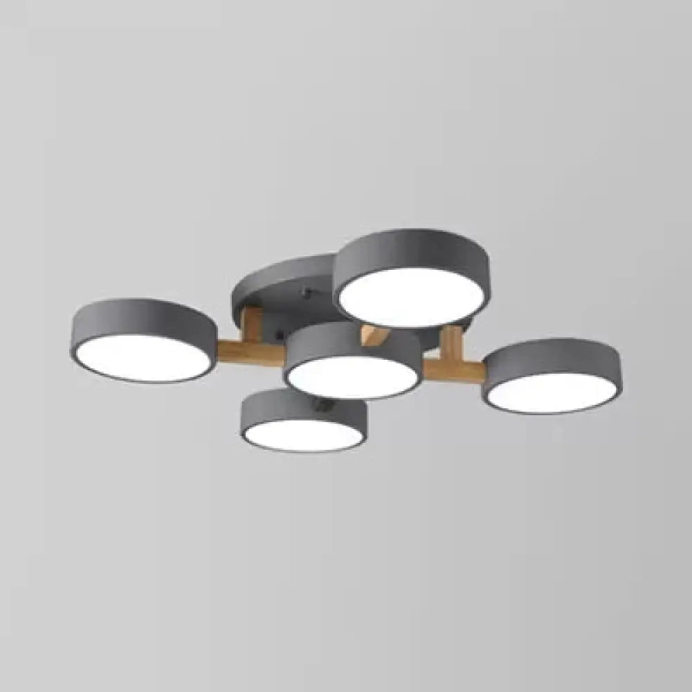 DecorBites™ DecorBites™ Wood and Metal Drum Ceiling Light - 5 Head Macaron Design for Living Room - Semi Flush Mount Loft Lighting