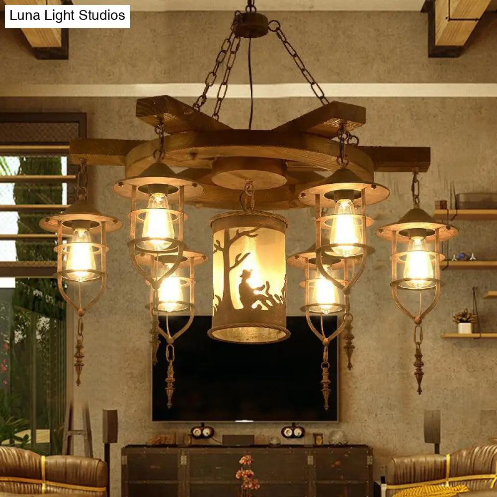 Wooden Hanging Light Kit for Restaurants: Metal Caged Chandelier with 3/7 Lights