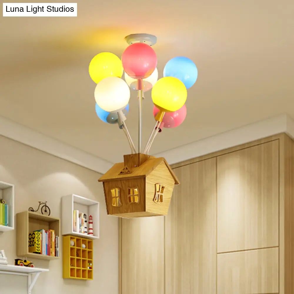 DecorBites™ DecorBites™ Wooden House Kids Ceiling Flush with Balloon Nursery Semi Flush Light Glass - 6 Lights, Blue-Pink-Yellow