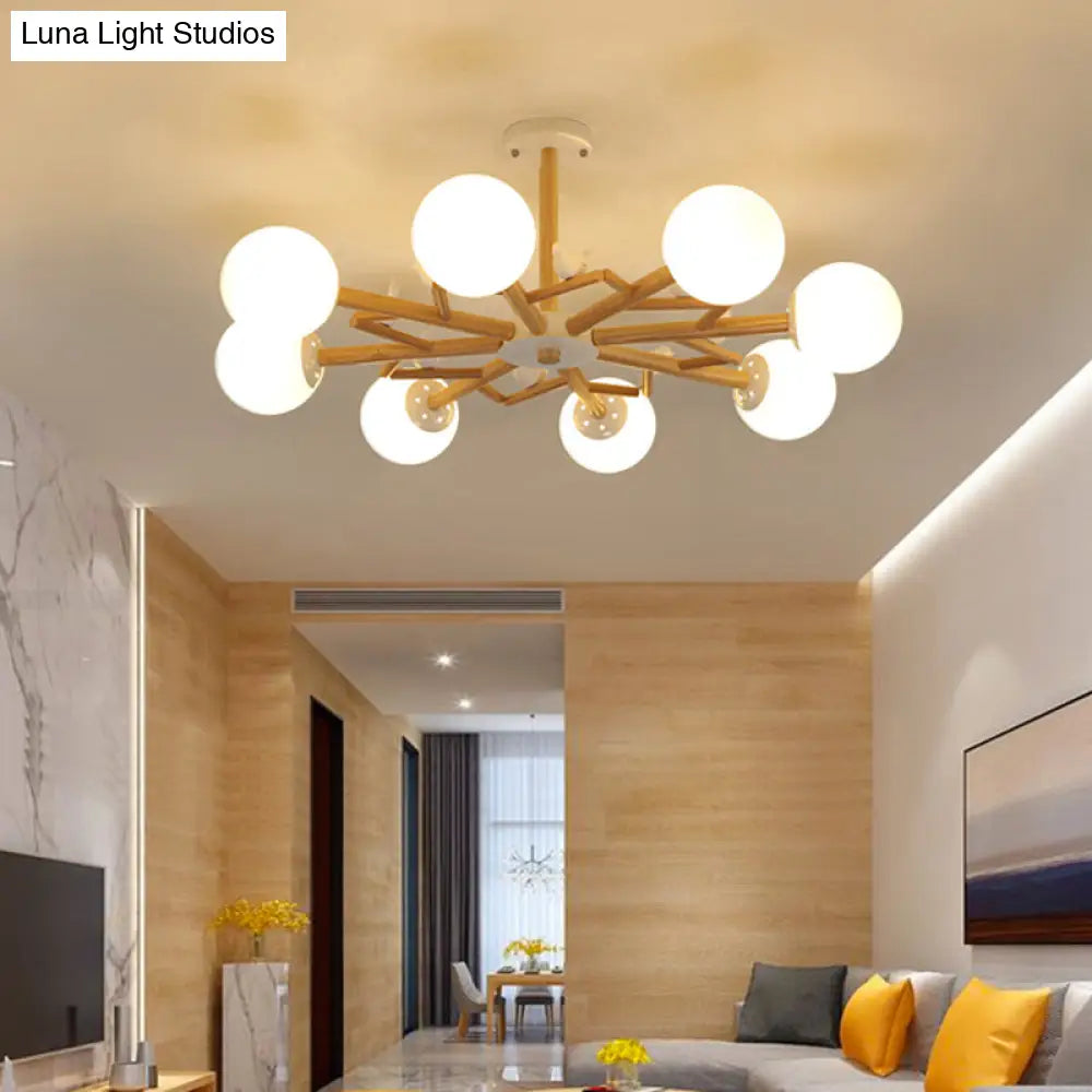 Lámpara de araña nórdica de madera con forma de bola: Lámpara colgante de cristal color crema para salón con decoración de pájaros