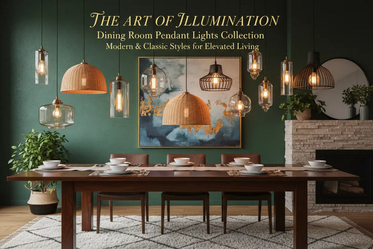 A collection of modern and classic dining room pendant lights with glass, woven wicker, and metal shades above a table.