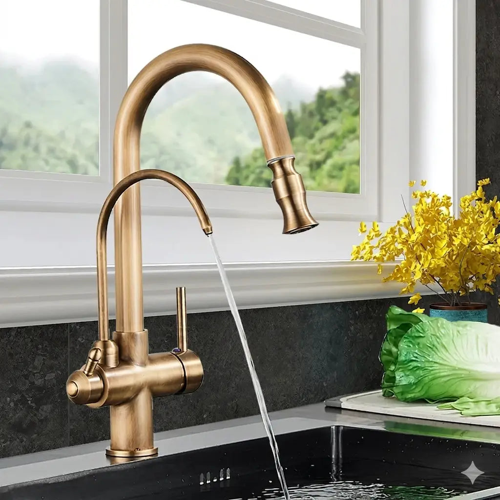 Brass-finished kitchen sink faucet with curved spout and pull-down spray head from kitchen sink faucets collection