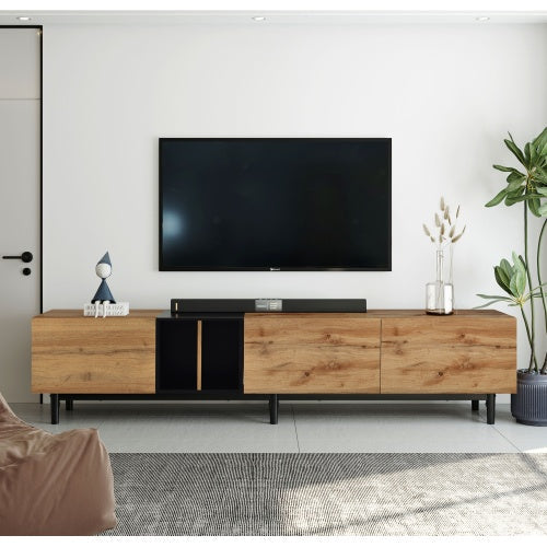 Modern wooden media console with black accents and sleek metal legs for stylish TV stands and storage solutions