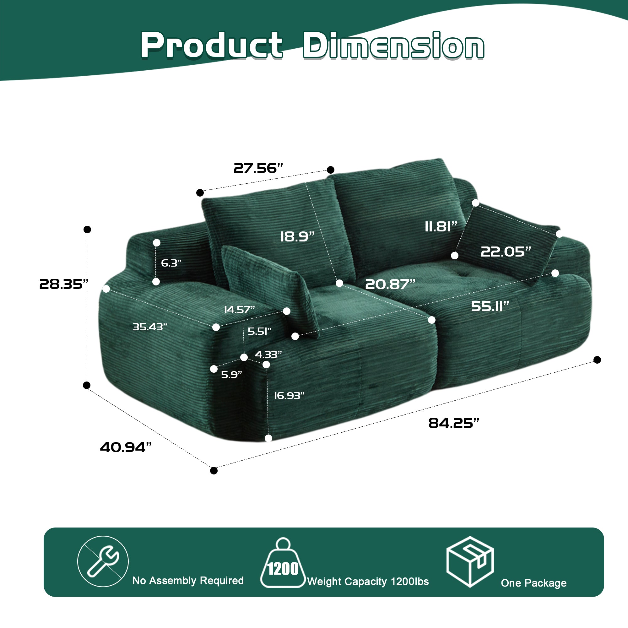 Sofá Moderno de Espuma de Memoria Comprimida, Sofá Seccional Grande de 2 Plazas para Sala de Estar, Sofá Seccional Modular Nube Amigable con Mascotas, Tela de Corduroy, Loveseat Extra Profundo, Sin Ensamblaje Requerido, Verde